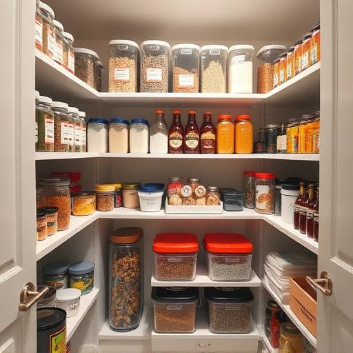 A well-organized pantry with labeled containers and clear shelves, demonstrating efficient kitchen storage.