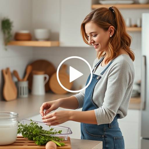 A woman demonstrating kitchen organization tips in a video, with captions displayed at the bottom of the screen.