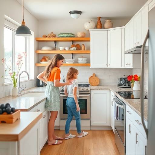 Image demonstrating a weekly kitchen reset routine, with family members participating in cleaning and organizing.