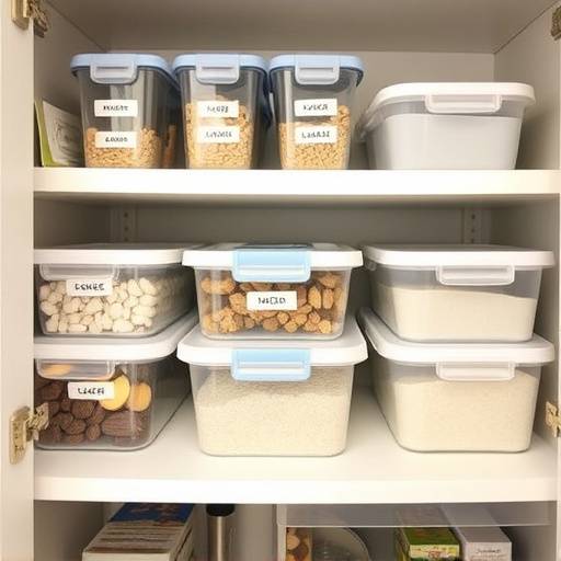 Image depicting organized kitchen storage with labeled containers and easy access items.
