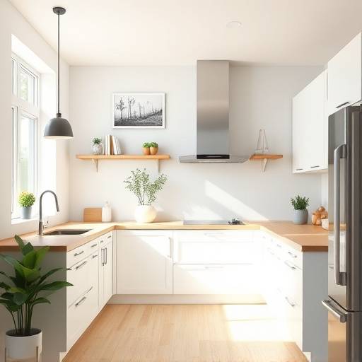 Image of a bright, modern suburban kitchen with white cabinets, light wood accents, and plenty of natural light.